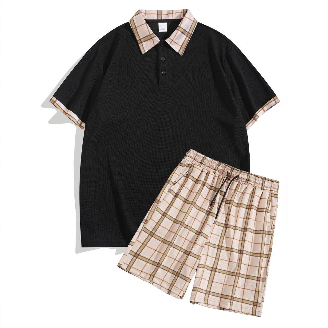 

Summer fashion casual sports men s suit comfortable quick-drying solid color plaid suit two-piece male XXXL чорний