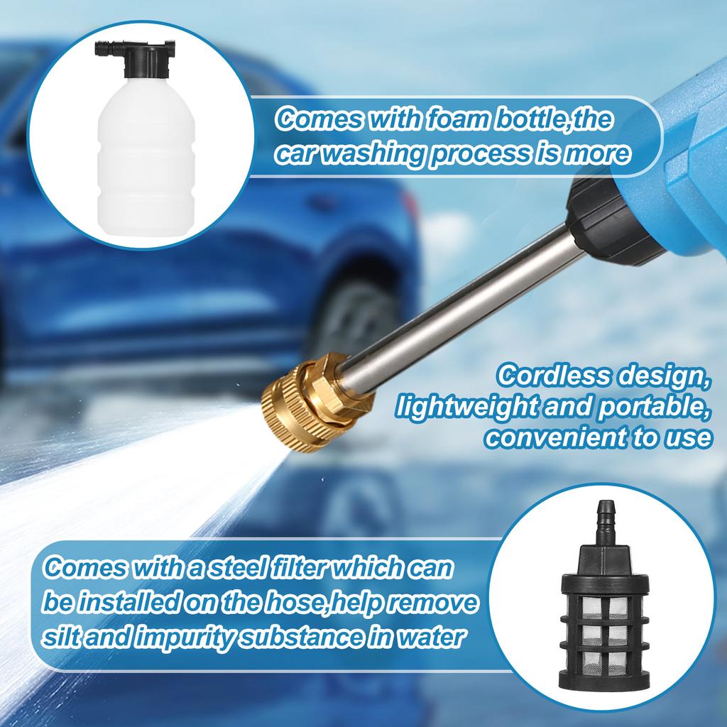 20V Cordless Batt y High Pressure Wash 30Bar 450PSI Car Wash Portable Pow Wash with Rechargble 3.0Ah Batt y,2 Spray Nozzle for Car/Fence/