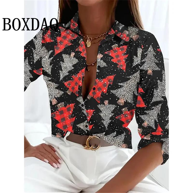 Women's New 3D Christmas Print Long Sleeve Blouses Elegant Lapel Long Sleeve Tops Winter Spring Single-Breasted Basic Shirt