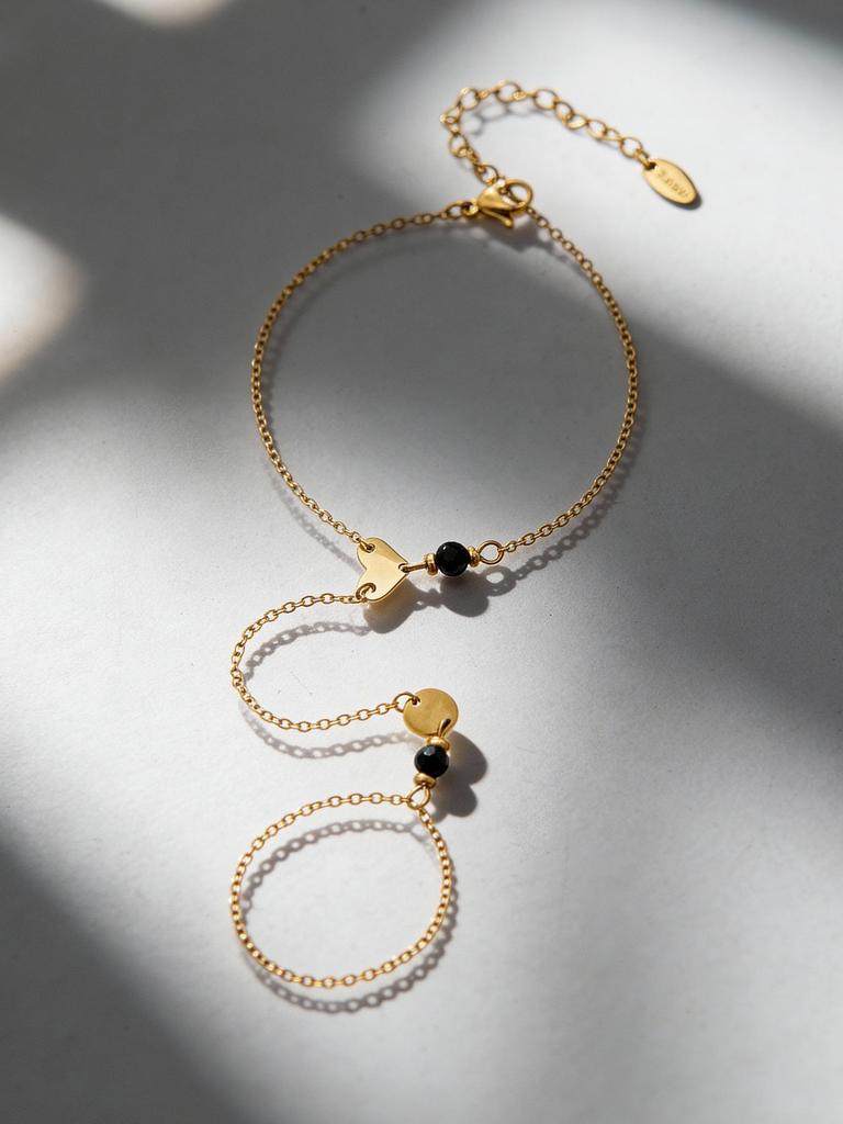 18K Gold-Plated Stainless Steel Heart Watch Strap & Natural Stone Ring Set with Cubic Zirconia