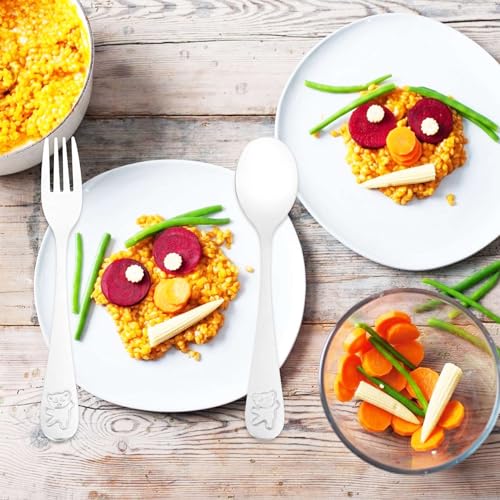 Dovhmoh 12-Piece Kids' Silverware Stainless Steel Child-Safe Dinnerware Set, Little Bear Children's Spoon and Fork Set for Toddlers