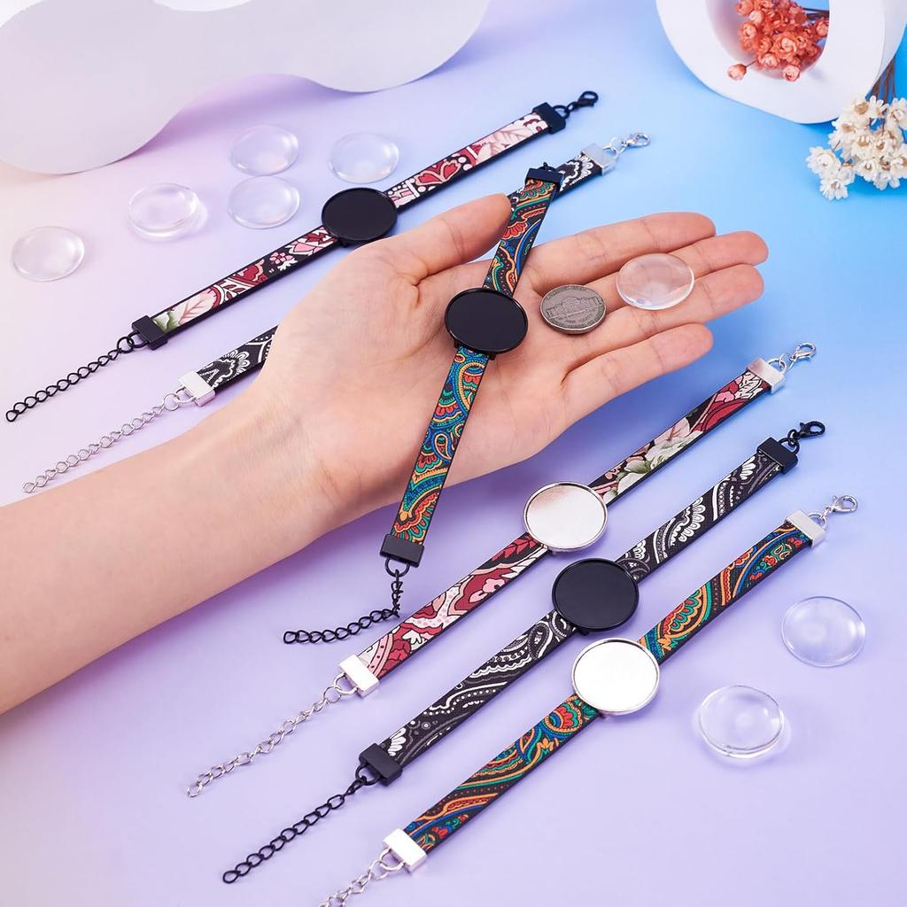 14 Pcs PU Leather Cord Bracelet Bezel Tray Blank Tray Bracelet Band Settings 26.5 mm Adjustable Round Tray Bracelet Kits with Glass Cabochons for DIY