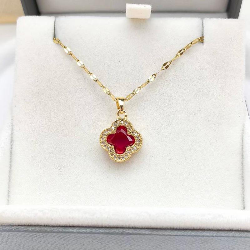 1 Pcs Lucky Flower Clover Copper Pendant Necklace Steel Clavicle Chain Women's Girls' Elegant Gift Accessories