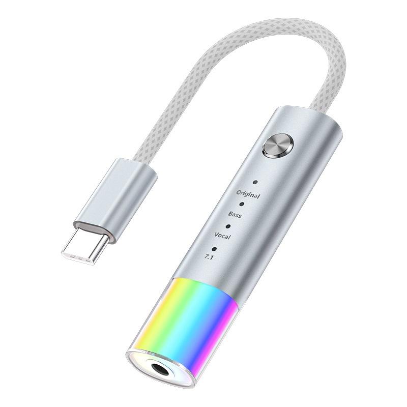 MH657B Type-C to 3.5mm Audio Adapter 4 Sound Modes In-line Control HiFi Sound Converter with RGB Light