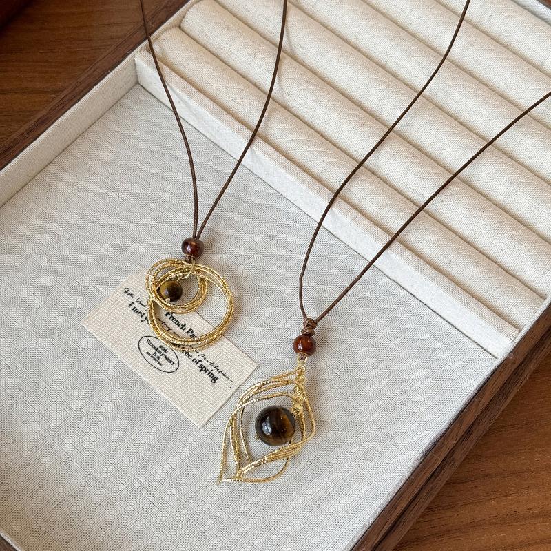 Vintage Brown Tiger Eye Stone Pendant Necklace For Women Fashion Long Rope Sweater Chain Necklaces