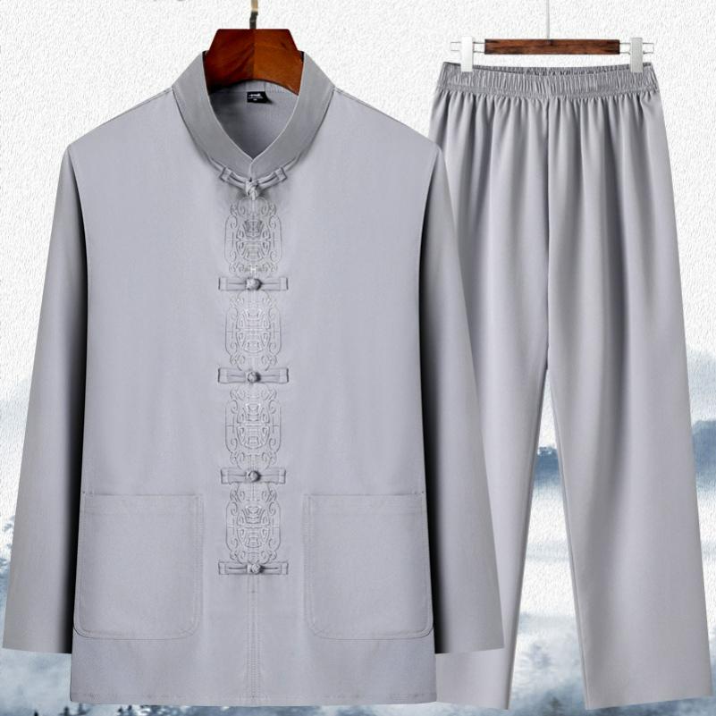 

Мужской китайский костюм Тан с длинным рукавом, Ханьфу, весна и лето, рубашка для папы, рубашка для дедушки, костюм для Тайцзи 38 серый