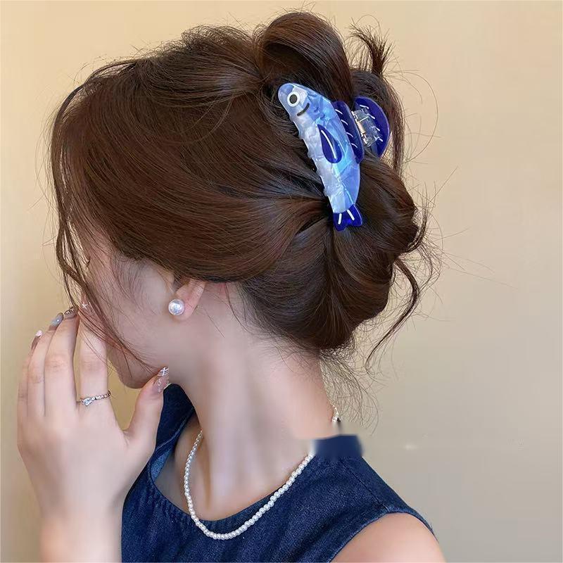 1-Leather Hip Hop Blue & White Fish Hairpin - Durable Plastic Hair Accessories