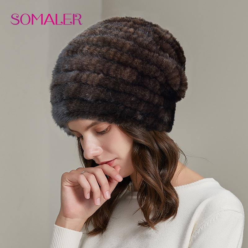 SOMALER Winter Mink Fur Hats for Women Warm Loose Casual Girls Slouchy Beanie for Cold Weather