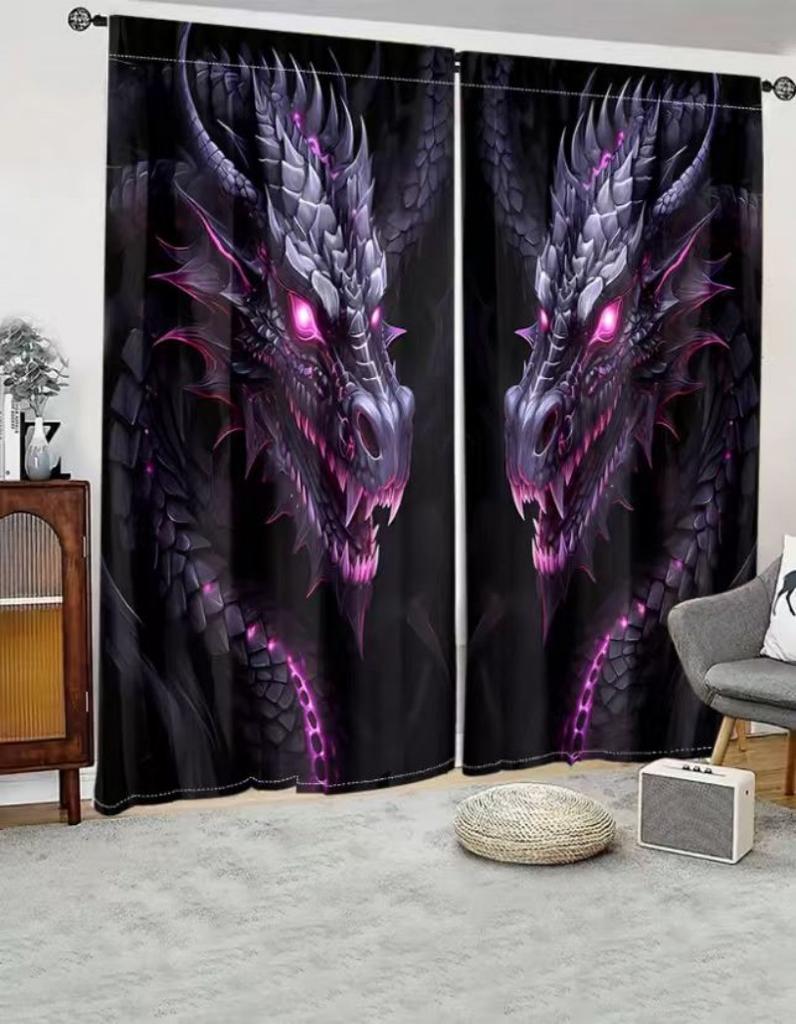 Set Of 2 Purple Light Black Dragon Design Polyester Curtains Home Decorations Made