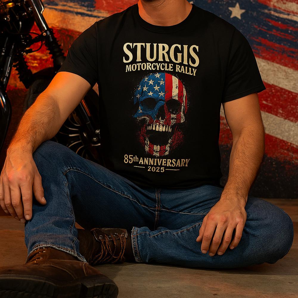Sturgis 2025 Skull Shirt 85th Anniversary Black Hills SD American Flag Biker  Unisex T-Shirt S