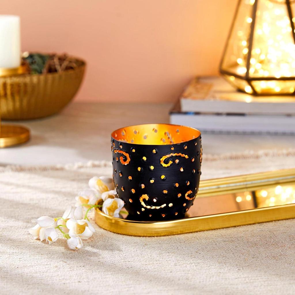 Ornamental Iron Tea Light | Stylish | for Indoors & Outdoors Décor (Matt Black with Gold)