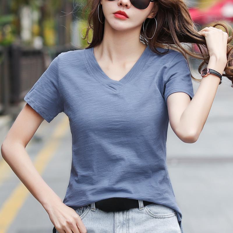 Front Short Back Long Tops Loose Slimming Loose V Neck Mix Cotton Short Sleeved T-shirt Women's Top T-Shirts Women’s
