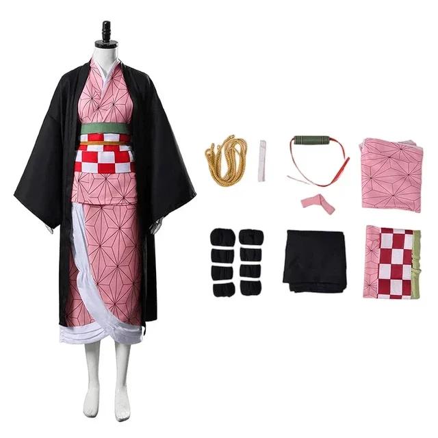 Anime Kamado Nezuko Cosplay Kostuum Kostuums Kimono Haori Pruik Klompen Pak Voor Volwassenen Kinderen Hallow Kids 120CM roze