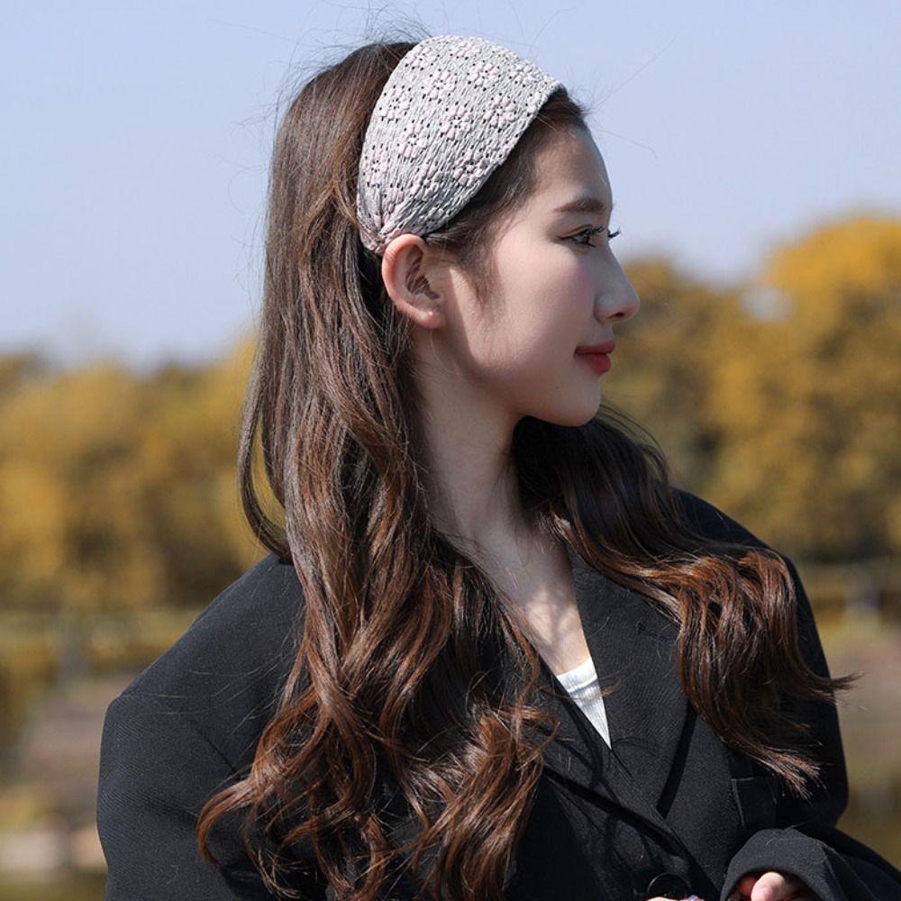 Floral Wide Hairband Mesh Women Hair Hoop Elegant Lace Headband Bathing