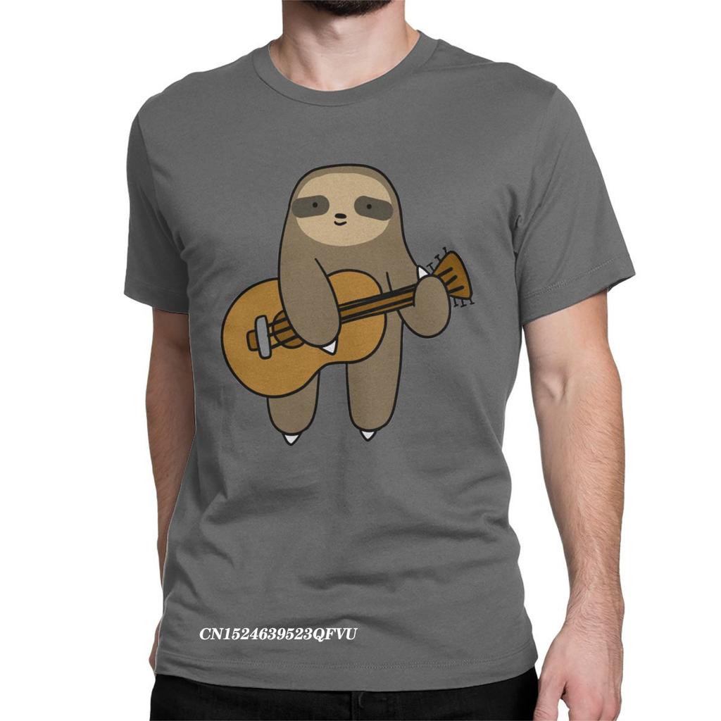 Guitar Sloth Cute Tops T Shirts Mens Cotton Novelty Tee Shirt Round Neck Guitarist Animal Tees Harajuku Tops Gift Idea