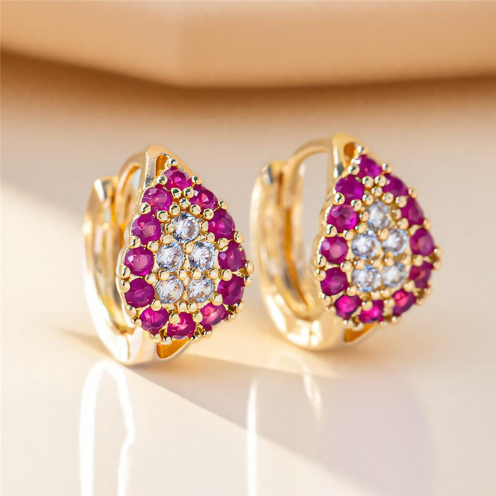 Charm Female Rose Red Zircon Stone Hoop Earrings Luxury Gold Color Wedding Jewelry For Women