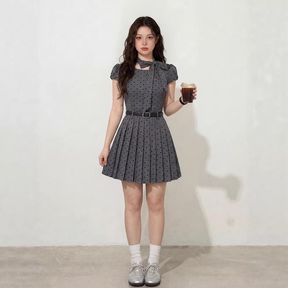 French Heiress Style Grey Polka Dot A-line Pleated Dress for Women, Summer 2026 3XL
