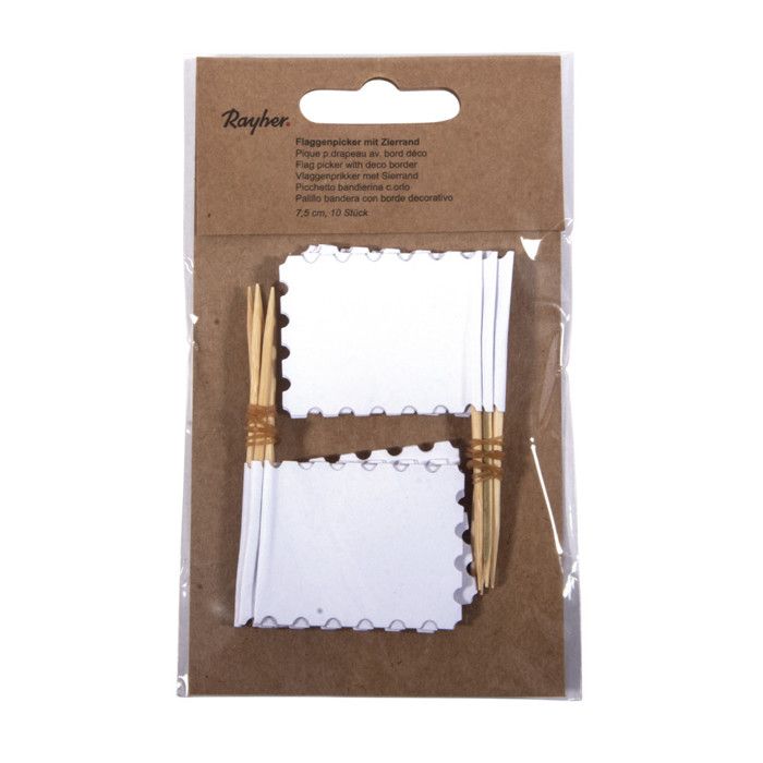 Pique p. Drapeau av. Bord déco, 7,5cm, Drapeau:4,5x3,5cm, 10pces, blanc