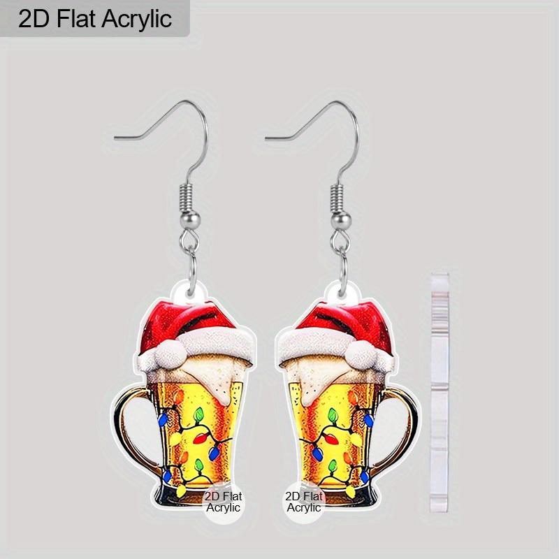 

2D Плоская Рождественская Шапка Серьги для Женщин - Кружка Пива и Желтый Виски Подвески - Легкие Забавные Акриловые Украшения