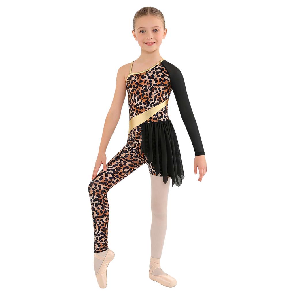 Mädchen Höhlen Kostüm Gymnastik Tanz Outfit Patchwork Asymmetrisches Design Leopardenmuster Body Overall