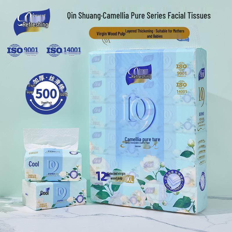 Qin Shuang Water-Resistant Facial Tissues - 12 Pack, 500 Sheets, Thickened, Ideal for Home and Restaurant Use