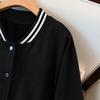 Plus Size Women S Black Cotton Baseball Jacket Long Sleeve Round Neck Casual Cardigan Coat