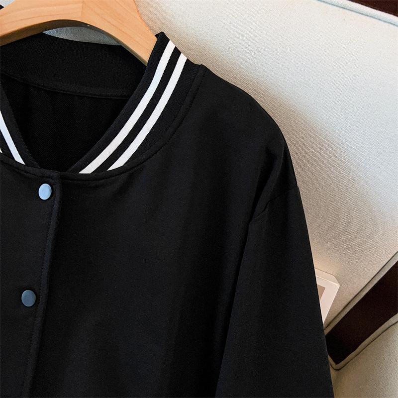 Plus Size Women S Black Cotton Baseball Jacket Long Sleeve Round Neck Casual Cardigan Coat