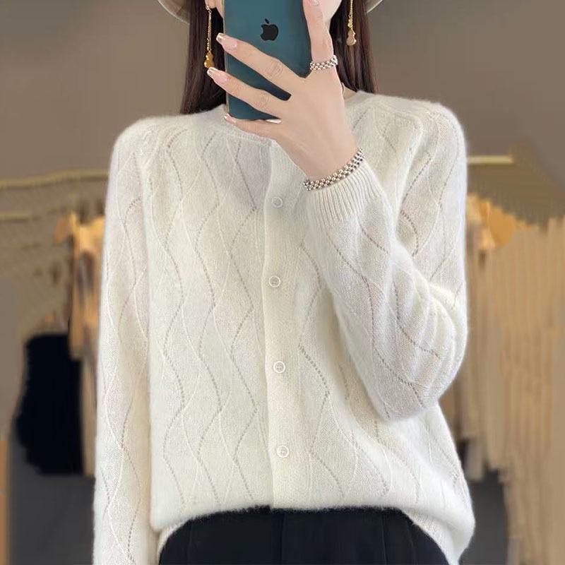 2025 Women's Australian Wool Hollow Twist Knit Cardigan - Round Neck, Buttoned, Loose Fit, Slimming Sweater for Autumn/Winter