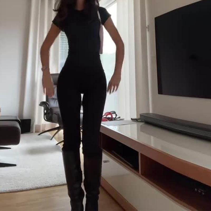 

Женский однотонный эластичный облегающий костюм-двойка 2024: Топ с коротким рукавом и длинные брюки XL