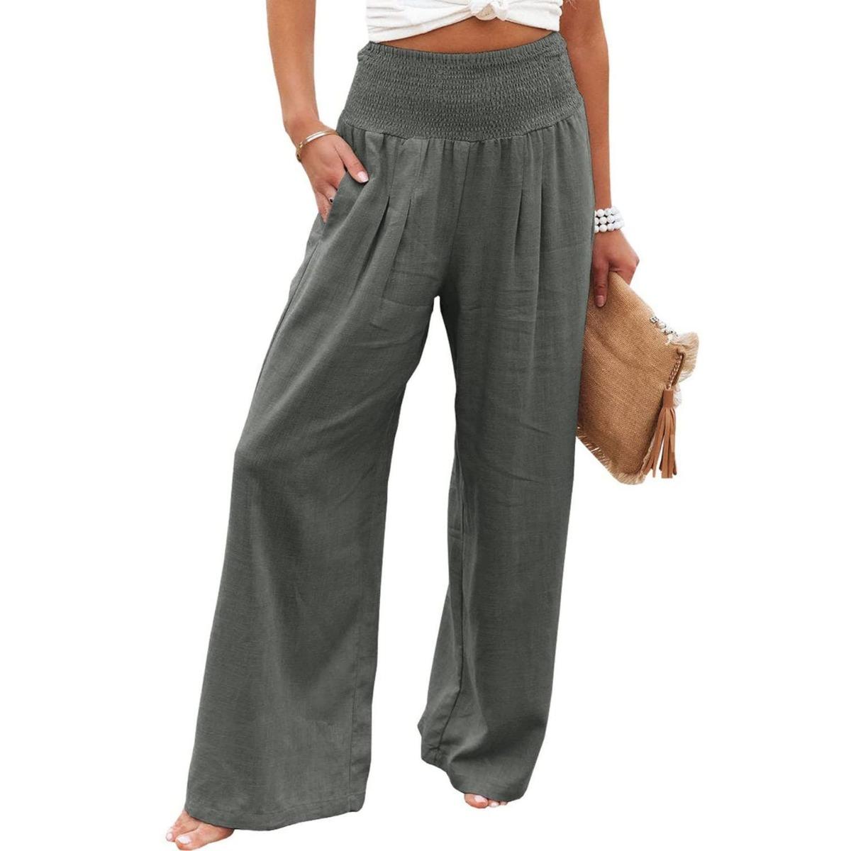 Women s High Waist Wide Leg Pants Loose Fit Elastic Waist Casual Cotton Linen Trousers with Pockets S