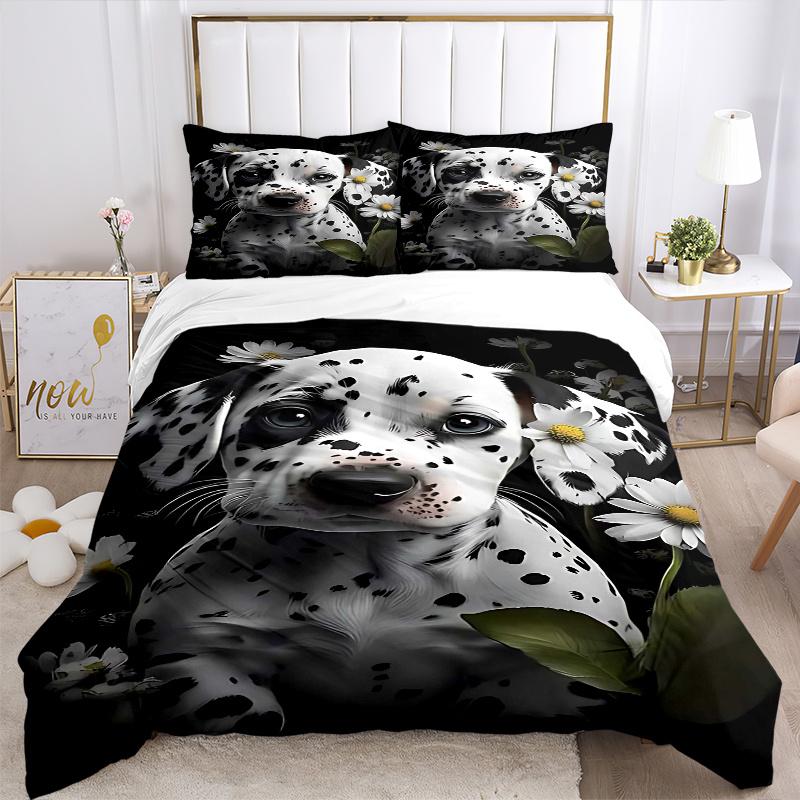 3pcs Dalmatian Puppy with Daisies Comforter Set, Includes One Quilt Cover and Two Pillowcases (No Core), Anime Cartoon, Bedroom and Guest Room