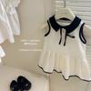 Toddler Girls Black Contrast Collar Sleeveless Dress, Ribbon Bow Trim Pleated Swing Summer Kids Dress