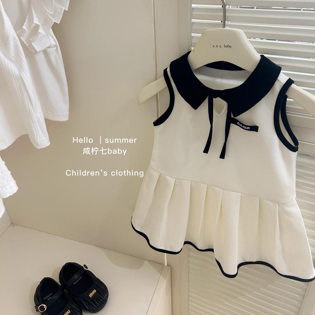 Toddler Girls Black Contrast Collar Sleeveless Dress, Ribbon Bow Trim Pleated Swing Summer Kids Dress