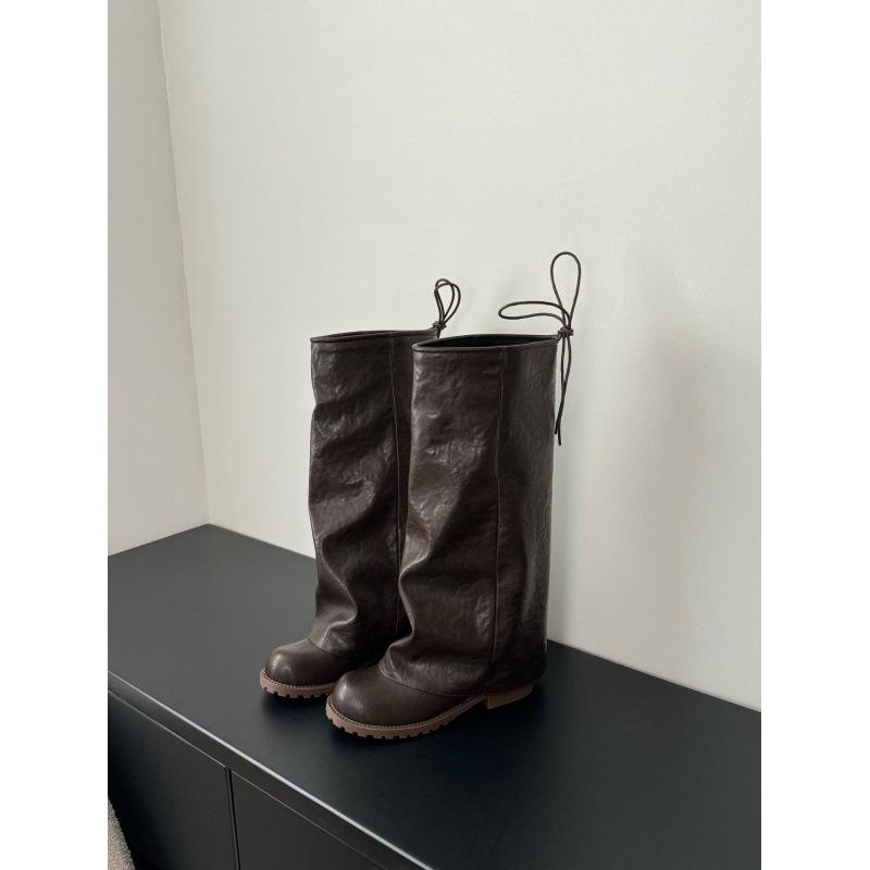 

Korean version of trouser boots women s 2025 autumn and winter new Maillard retro pleated knight boots stacked boots 35