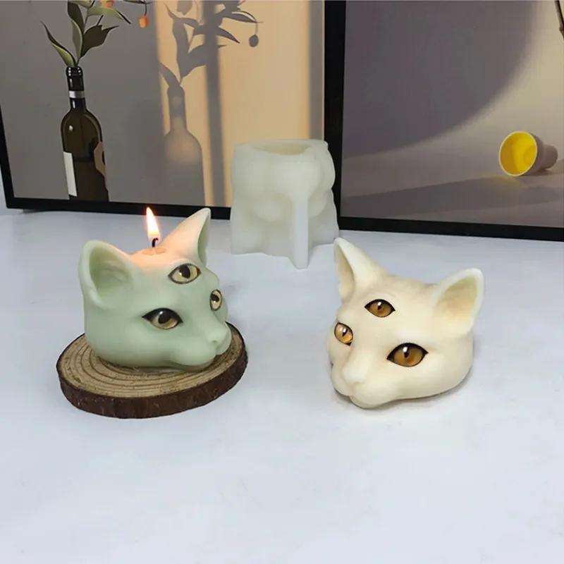Three-eyes Cat Head Candle Silicone Mold 3D Cat Scented Candle Soap Gypsum Ornaments Making Mold Party Candle Gift Mold