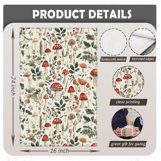 Cottagecore Mushroom Kitchen Towels Decorative, Farmhouse Wildflower Botanical Dish Hand Tea Towels, Rustic Mushroom Kitchen Bathroom Decor, 16x24