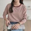 Women's Spring 2025 Green Striped Long-Sleeve Round Neck T-Shirt: Loose-Fit, Slim-Style, Commuting Top