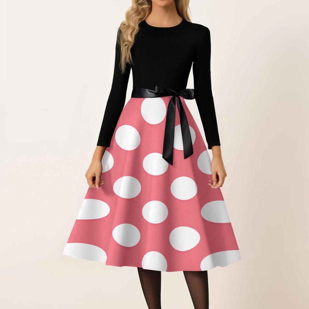 Women’s Casual Vintage Crew Neck Polka Dot Printed Long Sleeve A-Line Dress with Waist Ribbon for Everyday Wear