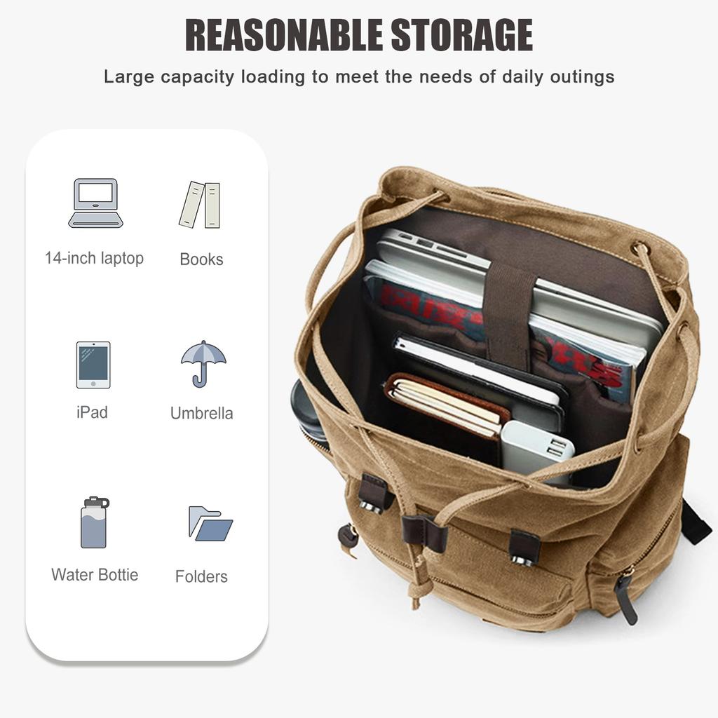 Large Vintage Canvas Backpack,14 Inch Work Laptop Bags College Shoulder Bag, Hiking Travel Backpack for Men Schoolbag Bags