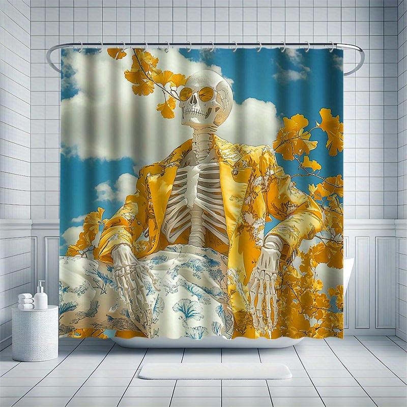 Fantasy Skeleton Bath Curtain, Whimsical Art, 12 Hooks, Water-Resistant, Fashion Outfit Design, Modern Bath Decor