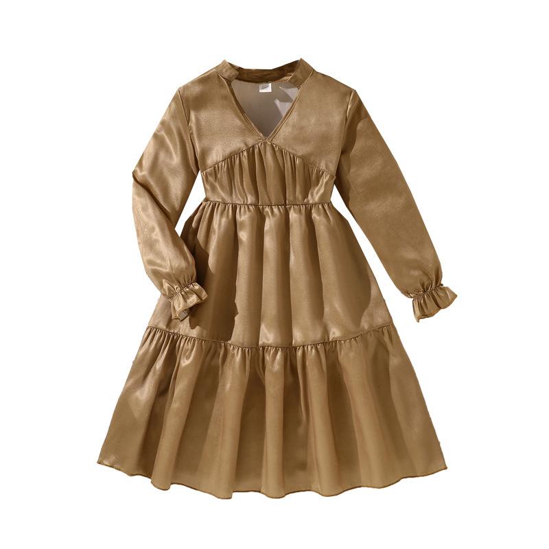 Big Girl Autumn Winter New Elegant V-neck Long Sleeve Flared Waist Slimming Velvet Dress