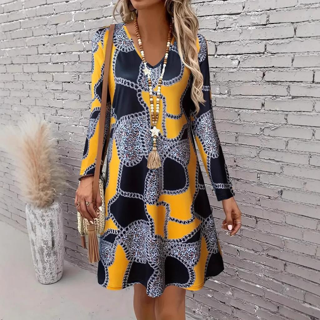 Women's Fashion Spring Fall Colour Block Print Long Sleeve V-Neck Loose Waistline Casual Dresses