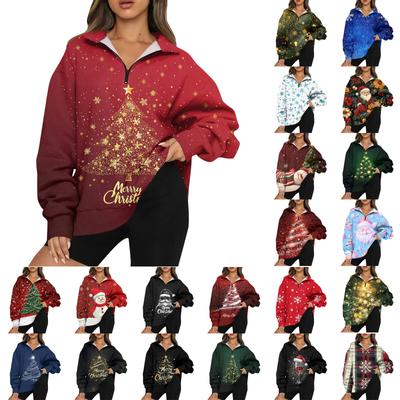 Women's Casual Fashion Long Sleeve  Print Oversize Zip Sweatshirt Top