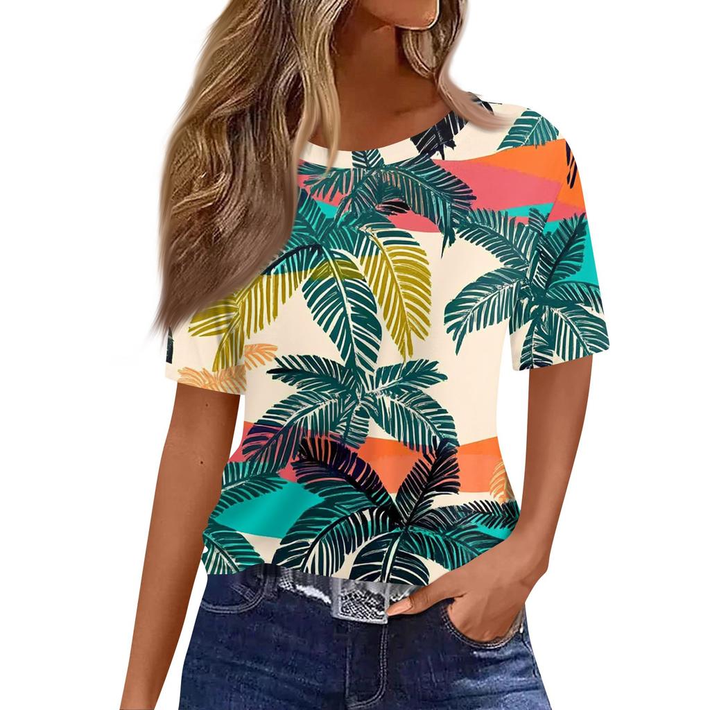 Women's Fashionable Casual Short Sleeve Print Round Neck Pullover Top