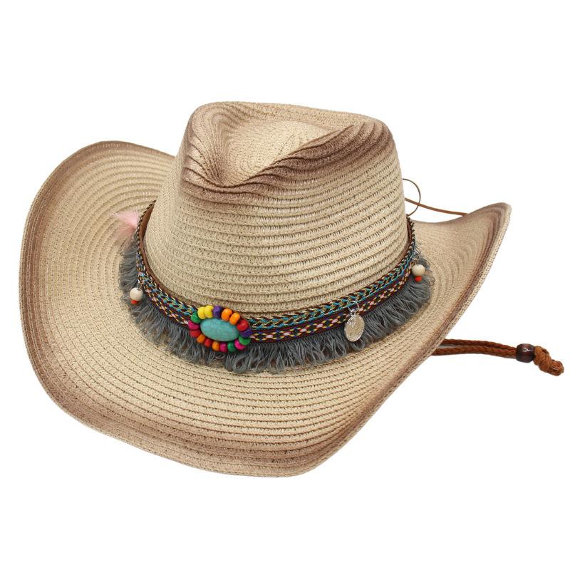 Model Western Cowboy Straw Hat Fringed Sunscreen Sun Hat Ethnic Style Hollow Beach Hat Ins Style