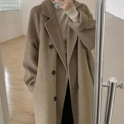 Mittellange Woll-Oberbekleidung für Damen Herbst Winter Elegant Locker Verdickter Wollmantel