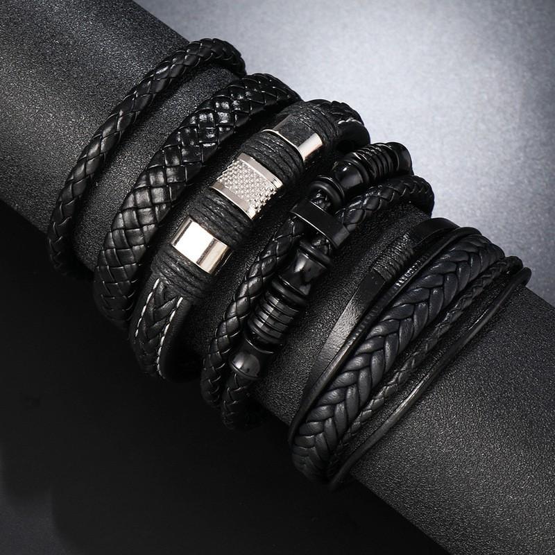 Mens Leather Braided Magnetic Multi-Layer Bracelet Set Geometric Style Unisex Handmade Jewelry