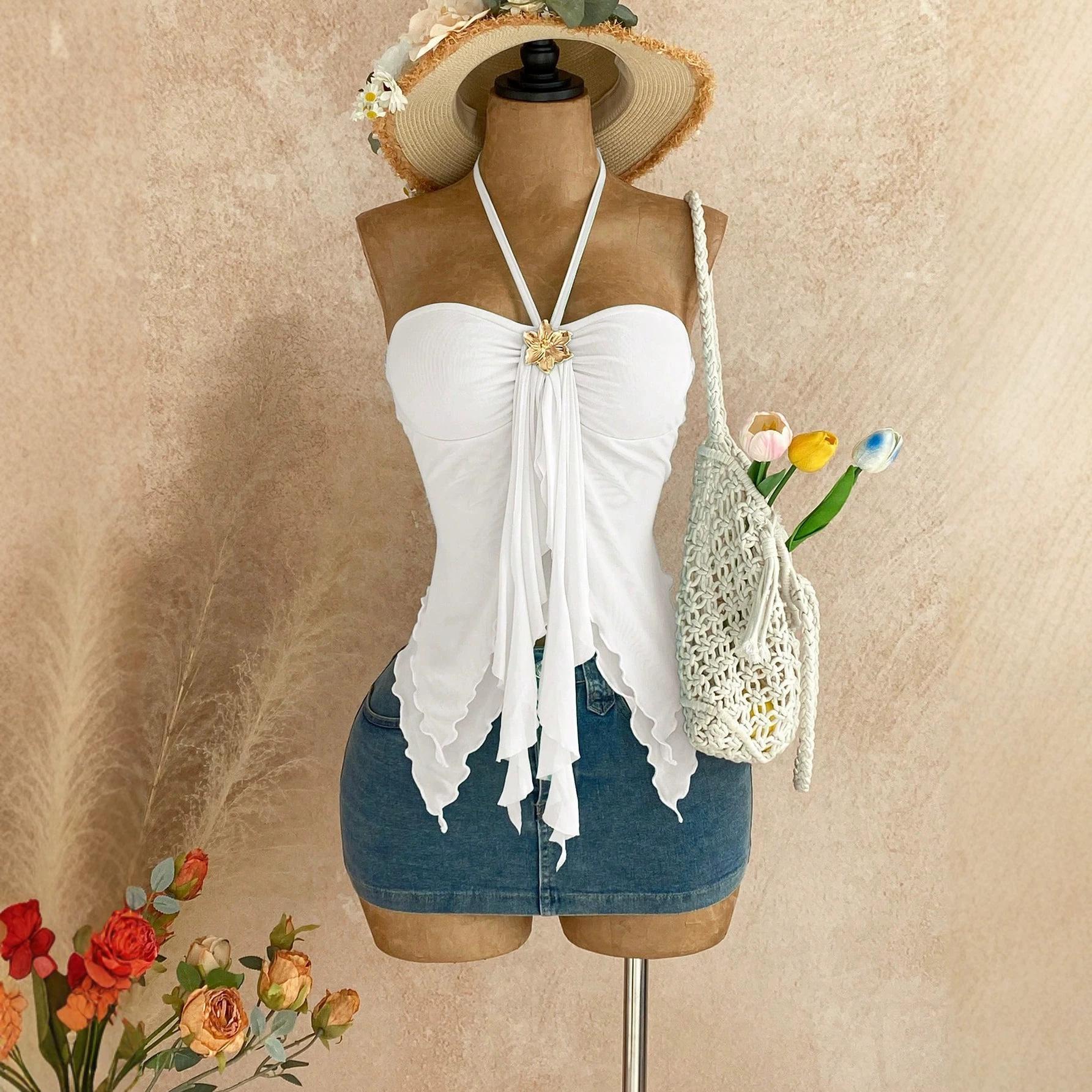 Women Solid Color Halter Backless Irregular Hem Mesh Camisole Top S белый