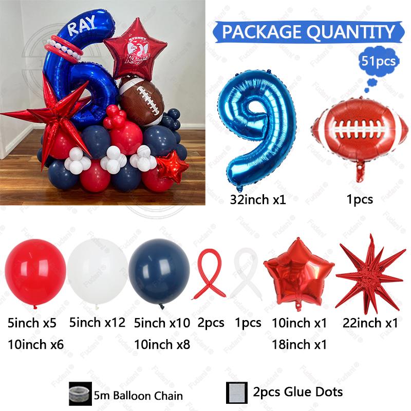 

51Pcs Rugby Balloons 32inch Blue 1-9 Number Rugby Foil Balloon five-pointed star Globos Baby Shower Boy Birthday Party Decors 32inch