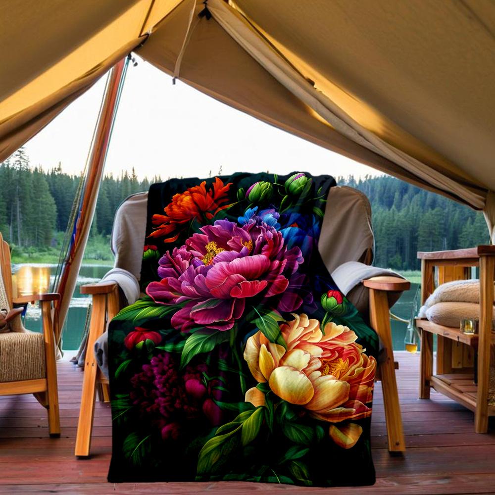 1pc Peonies, Floral Flannel Blanket, Comfortable and Warm Blanket, for Camping Sofa Bed and Couch Office048